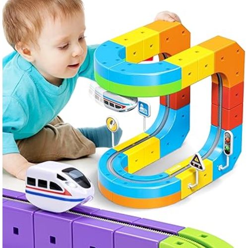 KlickRail™ Electric Train Set Flexible Race Track for Kids 4 6 7 8, 32 Pcs Car Track for Toddlers 3-5, Building Toy Train Track Gravity-Defying 3D Embedded Layouts & Motorized Car, STEM Learning Gift