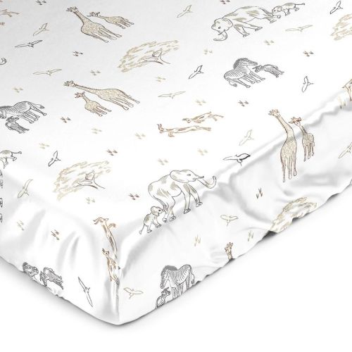 Sweet Jojo Designs Boy or Girl Gender Neutral Unisex Satin Fitted Crib Sheet Serengeti Animals Taupe and Beige