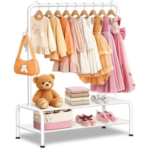 Kids Clothing Rack - Dress Up Clothes Rack - Baby Toddler Closet - Mini Freestanding Coat Racks with 2 Fabric Shelves - Small Kids Costume Wardrobe - Garment Rack for Hanging Clothes Organizer