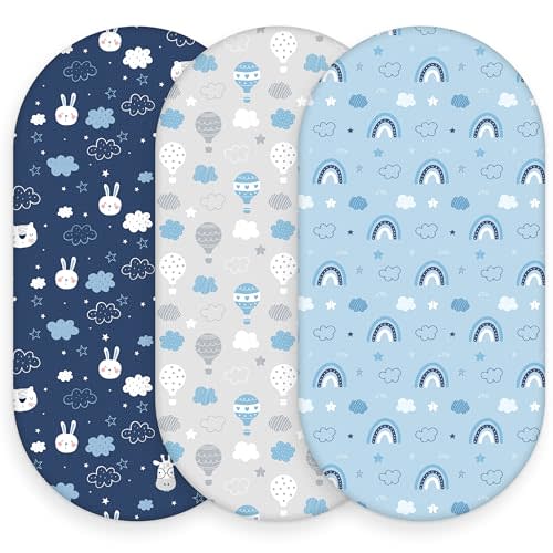 Baby Bassinet Sheets, 3 Pack Fitted Bassinet Mattress Sheets, Compatible with Halo Bassinest Swivel Sleeper & Oval Hourglass Rectangle Mattress, Ultra Soft Blue Cloud Animal