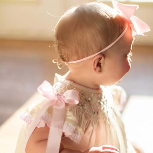 Cream Satin Rosette & Pearls Smocked Bishop Bubble – Little Bear Smocks