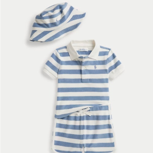 Striped Terry Polo Shirt, Short & Hat