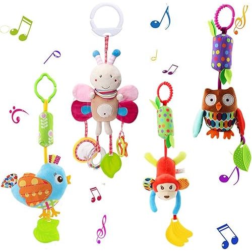 Sealive 4 Piece Baby Stroller Sensory Musical Toys, Soft Rattles Hanging Plush Activity Crib Car Seat Toys for Babies Boy Girl