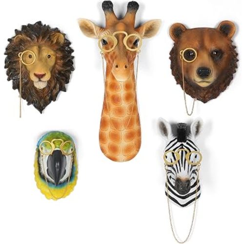 UITWMKTG 5 Pack Simulated Animal Head Wall Decor Colored Animal Sculptures Wall Mount 3D Wall Art Decoration for Home Bedroom Living Room Decor
