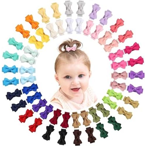Mini Fully Lined Grosgrain Ribbon Hair Bows Clips for Girls - 1.2" Tiny Bows for Fine Infant Hair, 60PCS (30 Colors in Pairs)