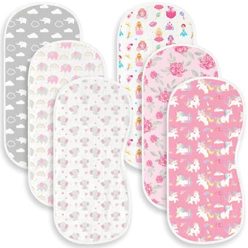 Spriggenix 6 Pack Pink Burp Cloths Baby Boys Girls with Elephant Pattern, Large Cotton Burping Clothes for Newborns Gifts Extra Soft and Absorbent 9.8X19.6inches