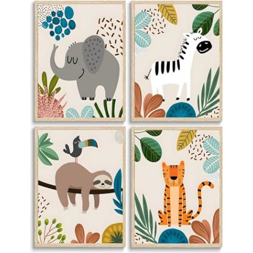 FJKLRP 4pcs Safari Nursery Wall Art Zebra elephant tiger monkey Pictures Poster Cute Animal Canvas Paintings Prints Decor for Kid Room Baby Room Wall Decor Unframed