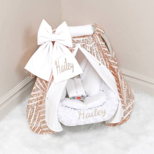 White & Rose Gold Geometric Sparkle Baby Car Seat Cover Accessories Set: Personalized Embroidery, Organic Cotton