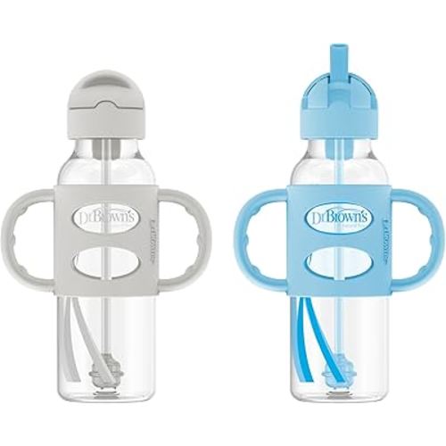 Dr. Brown's Milestones Narrow Sippy Straw Bottle, Spill-Proof with 100% Silicone Handles and Weighted Straw, 8 oz/250 mL, Gray & Blue, 6m+