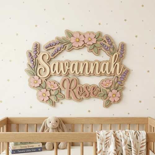 Personalized Lavender Wildflower Name Sign, Custom Nursery Wall Art, Floral Baby Girl Room Decor, 3D Layered Name Plaque, Above Crib Decor