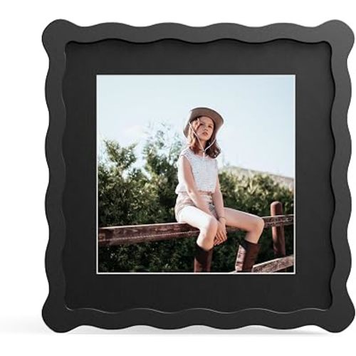 8x8 Picture Frame with Mat for 6x6, Wavy Edge Wooden Real Glass Photo Frame for Tabletop and Wall Hanging, Black, 1 Pack