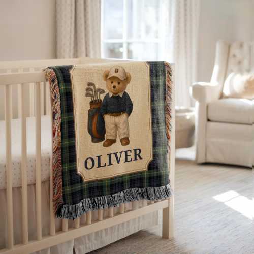 Personalized Plaid Teddy Bear Woven Golf Baby Blanket, Bear Nursery Decor