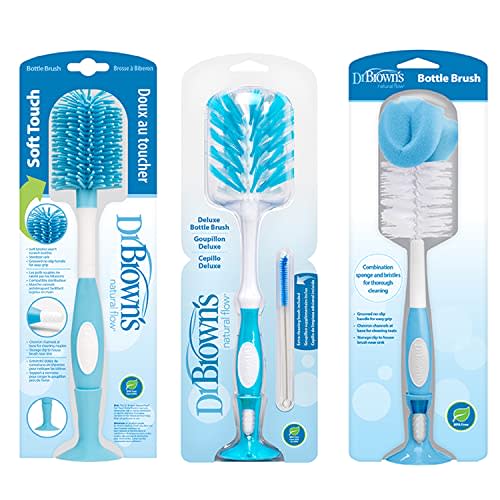 Dr. Brown's Baby Bottle and Nipple Brush Deluxe Cleaner, Soft Touch, and Sponge Brushes, Blue Variety Pack, 3 Count