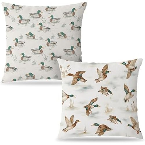 Farmhouse Mallard Duck Hunting Pillow Covers 18x18, Mallard Duck Nursery Decor, Rustic Beige Wildlife Waterfowl Pillow Cover Pillowcase for Kids Room Cabin Home Bedroom Set of 2