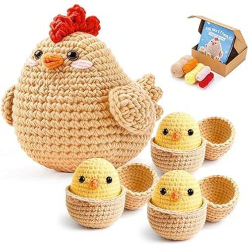 Joyclub Crochet Kit for Beginners 4 Pcs Chicken Family Amigurumi Crochet Starter Kits with Step-by-Step Video Tutorials DIY Craft Gift for Adults Kitting Lovers Mother Teacher Student