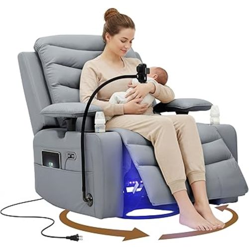 Glider Recliner Nursery Chair, Electric Swivel Rocking Chair with Smart Cup Holder, USB/Type-C Ports & Light, Adjustable Armrest, Heated Seat, Wireless Phone Charger Holder, PU Leather Rocker Recliner