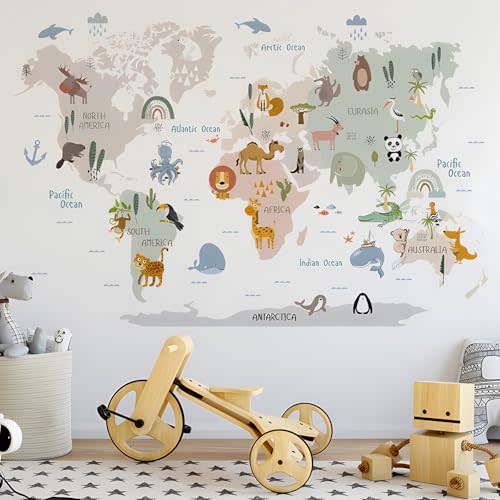 DTLIFEK Animal World Map Wall Decals Jungle Animal Wall Stickers Forest Wild Animals Elephant Monkey Wall Art Vinyl DIY Removable Peel and Stick for Kids Boys Bedroom Nursery Classroom Home Decoration