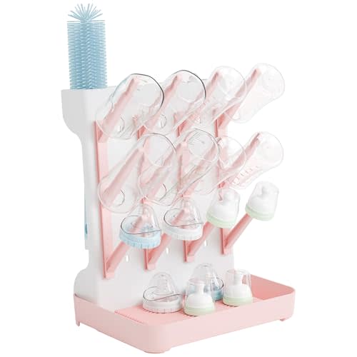 SuoXing Baby Bottle Drying Rack Space Saving,BPA Free Countertop Vertical Bottle Rack Dryer & Holder for Baby,Large Baby Bottle Station Organizer and Stand for Brushes,Pacifiers,Breast Pump,Dish,Pink