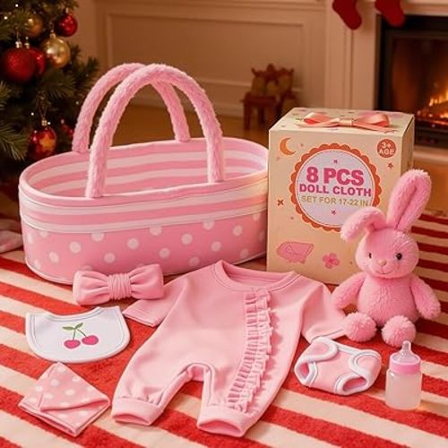 BABESIDE 8 Pcs Baby Doll Accessories, Reborn Baby Dolls Clothes with Bassinet for 17-22 Inch Babydolls, Outfit fit Newborn Babies Dolls Girl, Babies Pretend Play Set (Not Doll)