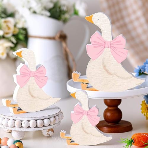 Lineshading 3 Pcs Silly Goose Birthday Party Decoration Pink Bow Wooden Silly Goose Baby Shower Decor Funny Table Centerpiece Gift for Party Favor Desk Tiered Tray, 5.9/4.7/3.9 Inch
