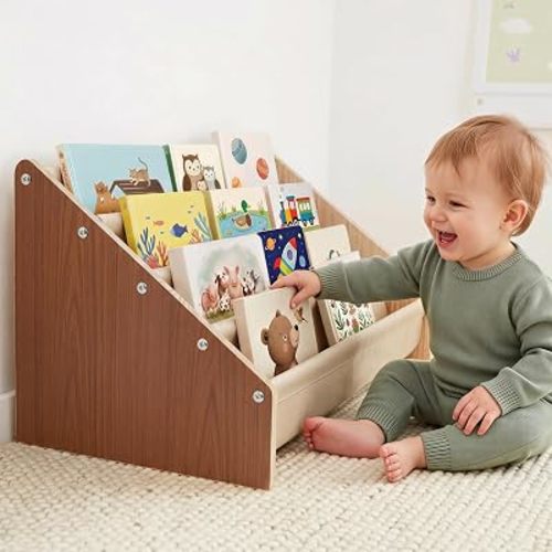 Toddler Bookshelf 4 Tier Solid Wood Montessori Nursery Book Organizer Kids