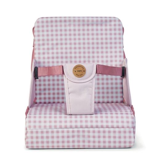 SARO Pink Vichy Booster Seat: Chic Travel High Chair for Baby Development - Portable Feeding Booster with Storage for Toddlers
