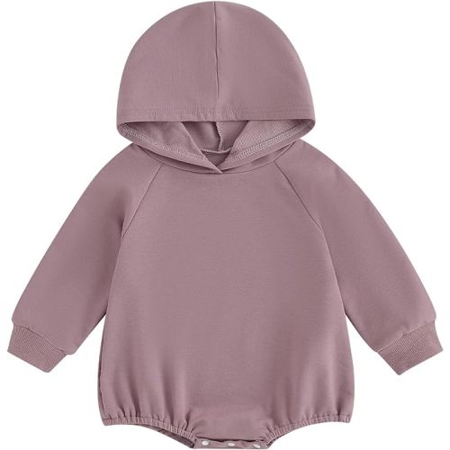 Newborn Baby Boy Girl Hooded Romper Long Sleeve Front Pocket Solid Color Hoodie Bodysuit Fall Winter Outfit