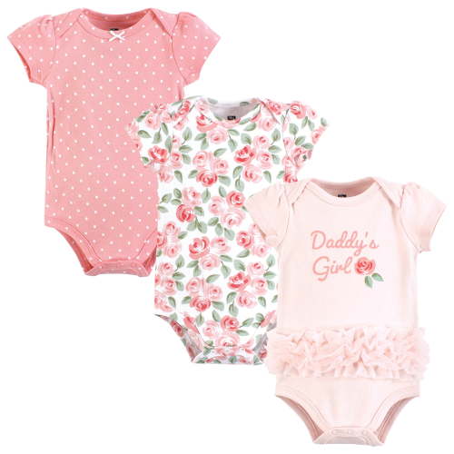 Hudson Baby Infant Girl Cotton Bodysuits, Coral Floral Daddys Girl, 9-12 Months