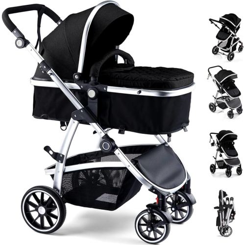 Baby Stroller, 2-in-1 Reversible Toddler Seat with Bassinet Mode, Foldable Infant Stroller with Canopy, One Button Brake, Adjustable Handle, Newborn Pushchair(Black)