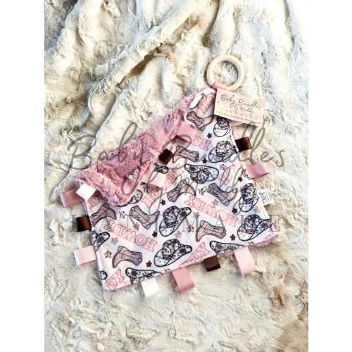 Pink Howdy Baby Girl Minky Tag Lovey / Cowgirl Boots and Hat Blanket / Pink Lovey Toy / Soft Baby Comfort Toy / Ribbon Toy / Sensory Play