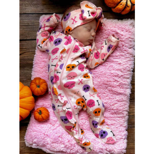 Organic Waffle Ruffle Zip Footie, Candy Skulls Pink