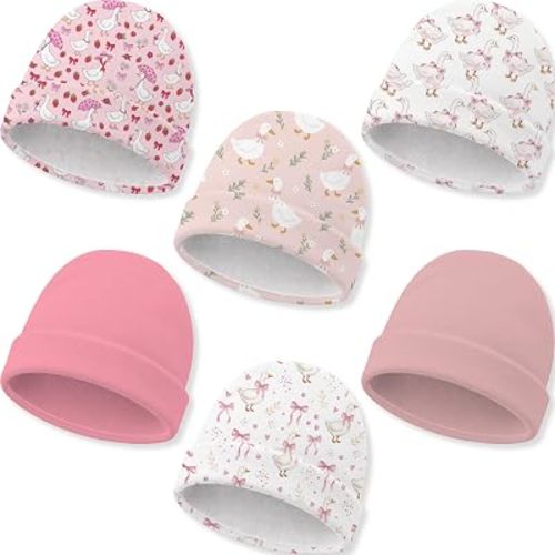 6 Pack Baby Beanie Hats for Newborns Goose Toddler Beanies Baby Girl Hat Pink Cotton Soft Warm Cap Newborn Hospital Hat for Infant Girls 0-6 Months