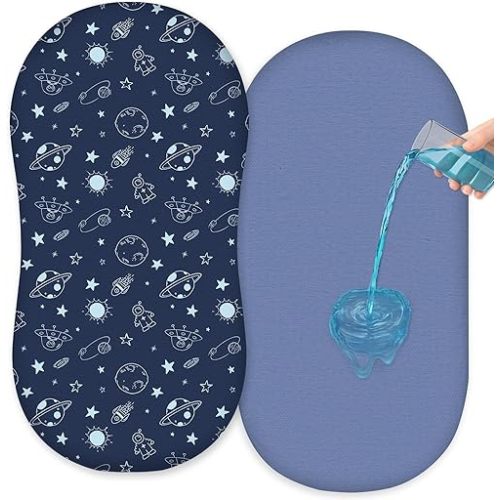 FIOBEE Baby Bassinet Sheets for Girls Boys 2 Pack Waterproof Bassinet Mattress Elastic Fitted Crib Sheets Universal Fit for Hourglass Oval and Rectangle Bassinet Sheet, Deep Blue & Light Blue