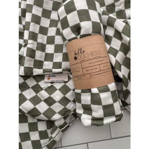 Olive Gingham Muslin Swaddle Blanket: Bamboo Cotton Baby Receiving Blanket