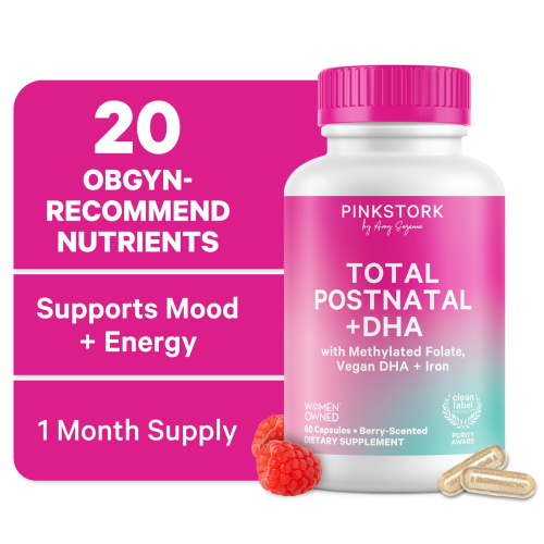 Pink Stork Total Postnatal Vitamins, DHA, Zinc, B6, B12, Postpartum, 60 Capsules