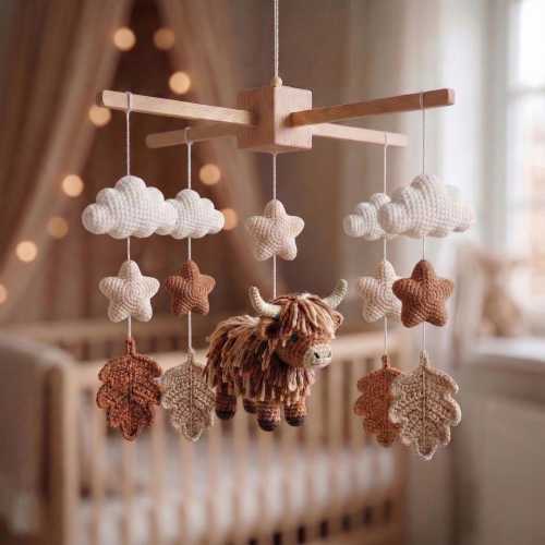 Crocheted Highland Cattle Baby Mobile, Boho Farm Nursery Decor, Highland Cow Baby Mobile Crochet, Handmade Neutral Nursery Decor
