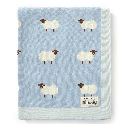 mimixiong Baby Blanket Knit Receiving Boys Girls Blanket Soft Cotton Neutral Blanke for Swaddle Crib Stroller with Cute Sheep (Blue, 30x40 Inch (Pack of 1))