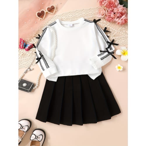 2-3 Girls Elegant Lace Edge Long Sleeve Round Neck Sweatshirt and Pleated Skirt Set, Black, Casual, for Girls