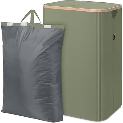 BALEINE Laundry Hamper with Lid, Tall Laundry Baskets with Bamboo Pull Handles, Large Laundry Bin with Internal Support (18 Gal/70L, Green)
