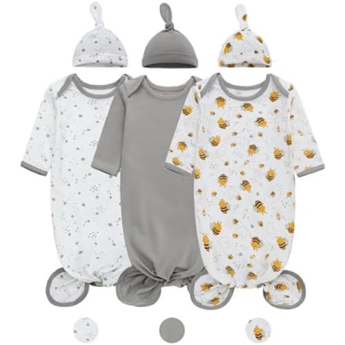 LAT Newborn Knotted Gown for Boy Girls,Baby Tie Gown Nightgown,Baby Sleeper with Matching Hat Set 3 Pack,Sleepwear Outfits