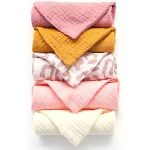 COCOAbi 100% Muslin Baby Washcloth Set in Pink Lemonade | Boho Colors and Pattern in a Soft 5pc Toddler Washcloth Set