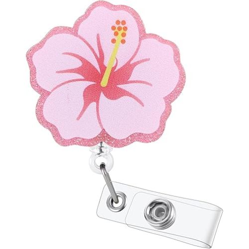 Cute Hibiscus Flower Badge Reel, Retractable ID Card Pink Badge Holders, Work Badge Clip for Pediatric ED ER RN CNA LPN MA PT OT Therapists HR Social Workers Nurses Doctor Teachers Nursing Student