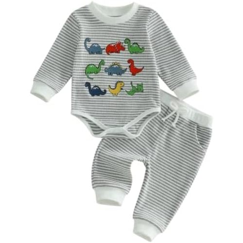 Baby Boy Fall Clothes Striped Dinosaur Long Sleeve Romper and Pants Set