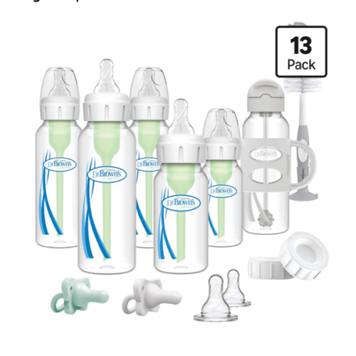 Dr. Brown's Anti-Colic Options+ Narrow and Sippy Straw Bottle Gift Set, 0m+ | 4 oz bottles, 8 oz bottles, sippy straw bottle, Level 1 and 2 nipples, HappyPaci, bottle brush, and storage caps