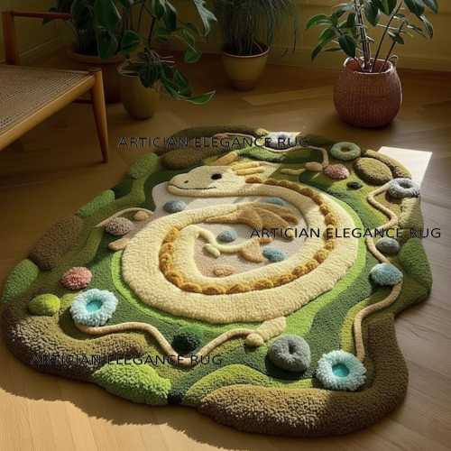 Magical Meadow Dragon Tufted Rug | Fantasy Creature Nest Hand-Tufted Rug | Charming Woodland Fantasy Tufted Rug for Living room Bedroom
