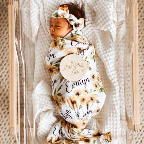 Savannah's Sunflowers Personalized Baby Name Swaddle Blanket