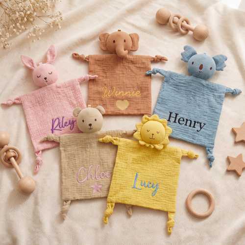Personalized Animal Baby Comforte, Embroidered Cotton Muslin Baby Lovey, Custom Name Security Blanket, Sleep Toy, Baby Shower Newborn Gifts