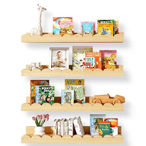 Nursery Floating Shelves for Kids Room, 4 Pack 15.7 Inch Natural Wood Wall Shelves with Scalloped Edge, Kids Bookshelves for Toddler Bedroom, Playroom, Baby Nursery Decor