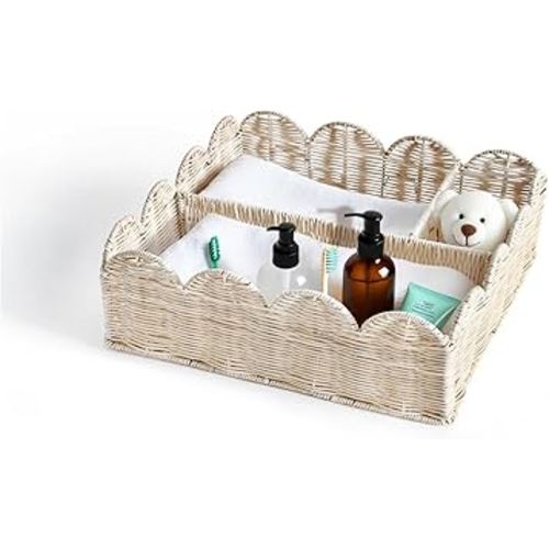 Rattan Divided Scalloped Basket,Wicker Diaper Caddy Scalloped Baske,Woven Natural Basket with 4 Dividers,Suitable for Baby Rooms, Bathrooms, Bedrooms (Rattan)