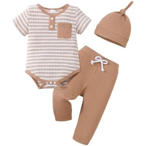 Renotemy Preemie Newborn Boy Summer Clothes Gift Short Sleeve Button Romper Baby Boys Bodysuit Long Pants Outfit Set with Hat